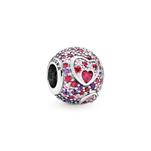 Asymmetric Hearts of Love Charm, Red & Pink CZ, Royal Purple Crystals Sterling silver, Mixed stones